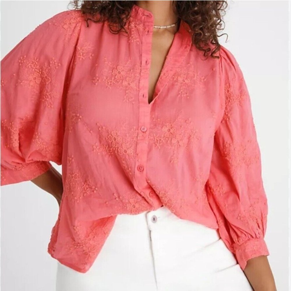 Pilcro and the Letterpress XSP Belle Femme Pink Embroidered Puff Half Sleeve Top